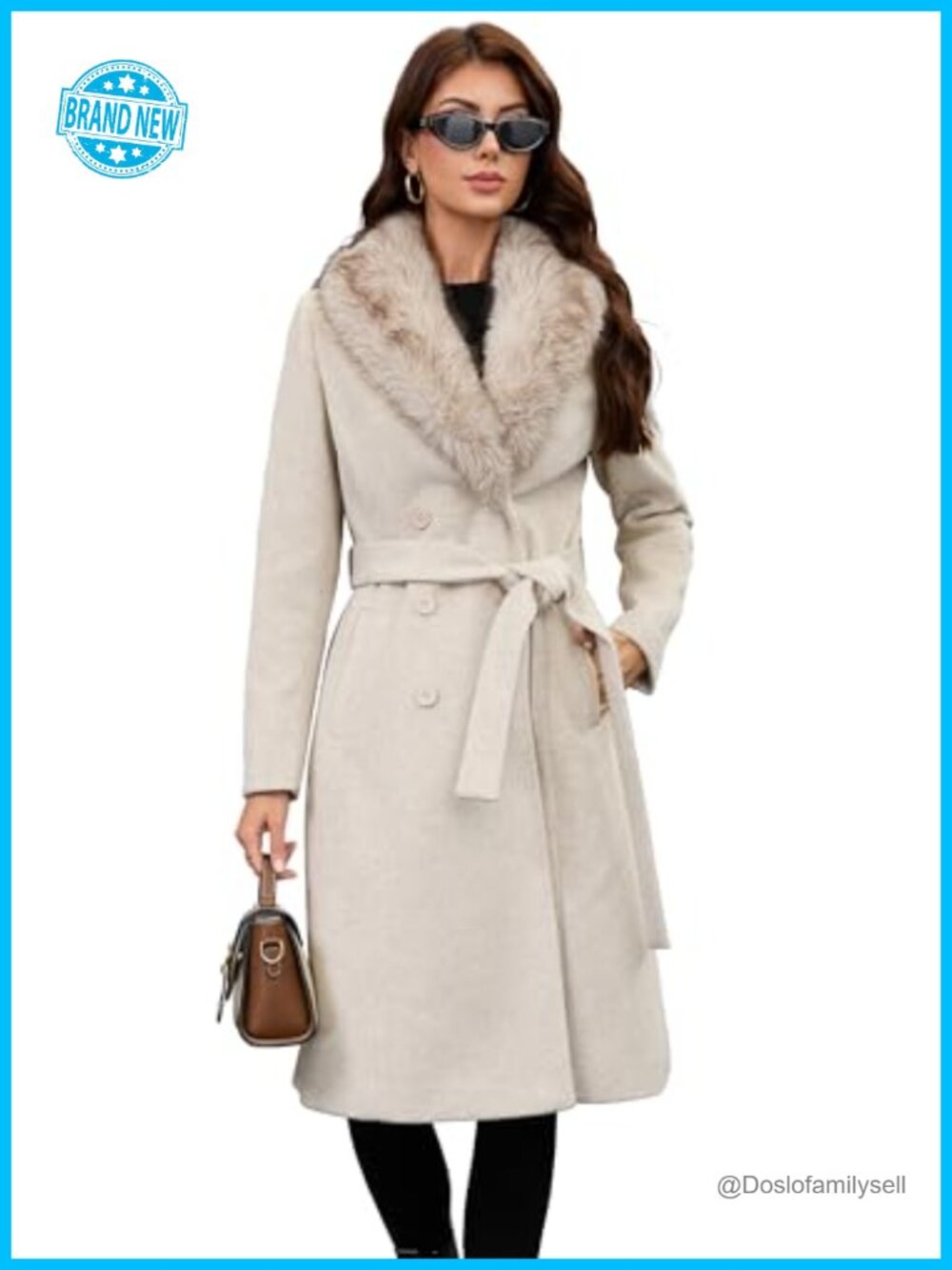 Wool Blend Double-Breasted Belted Trench Coat with Faux Fur Collar